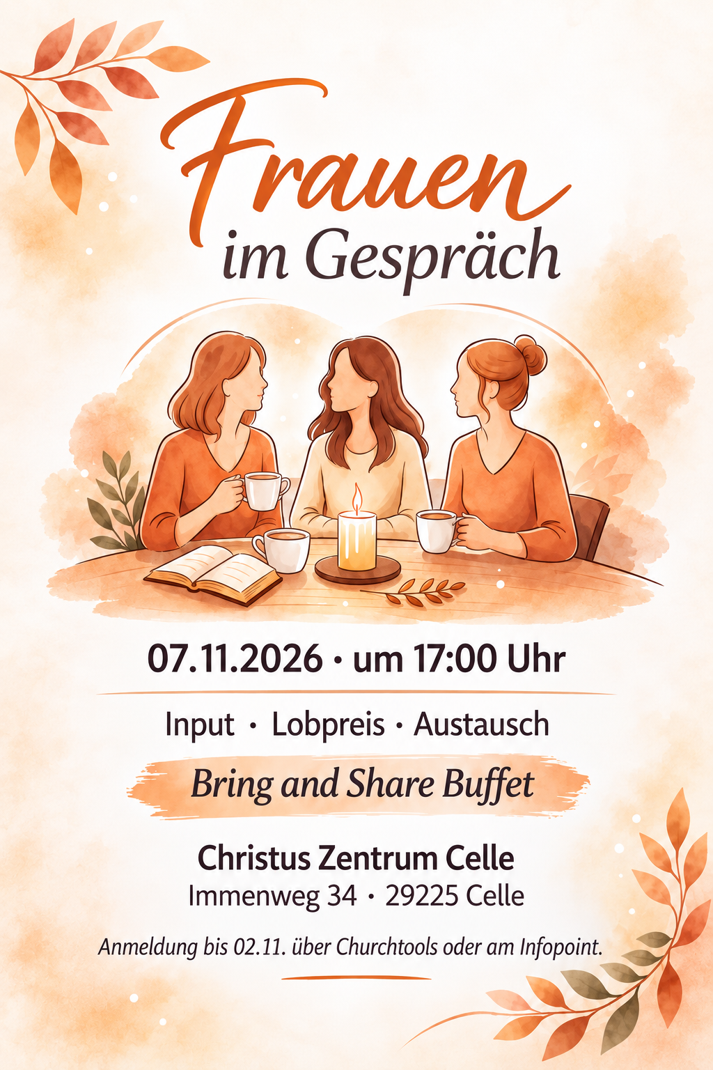 Flyer Frauen im Gespräch: 7. November 2026 um 17 Uhr im Christus Zentrum Celle. Alle Veranstaltungs- und Anmeldeangaben stehen auch im Seitentext.